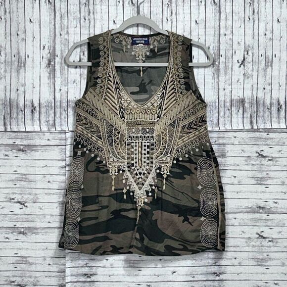 Johnny Was Workshop Terazza Embroidered Camo Print Top - Picture 1 of 7